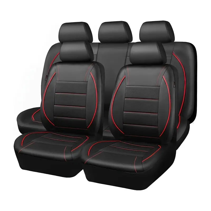 CUBRE ASIENTO SUV  TAMAÑO 5D ECO-CUERO NEGRO Y CONTORNOS  ROJOS 4MM